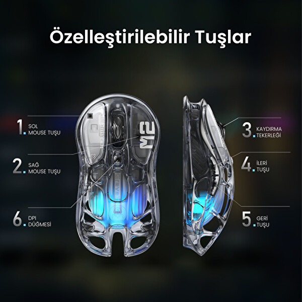 Mercury V75 Lite Hall Effect, 8KHz Kablolu Manyetik Klavye + M2 26K DPI RGB Kablosuz Mouse Oyuncu Seti, Şeffaf Siyah