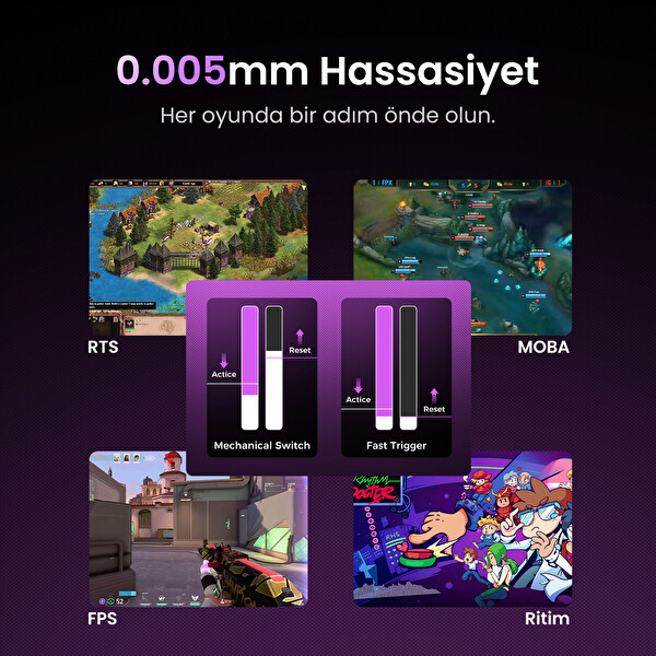 GravaStar Mercury V75 Hall Effect, 8KHz Kablolu Manyetik Klavye + XPro 32K DPI RGB Kablosuz Mouse Oyuncu Seti Gri