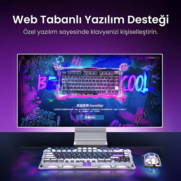 GravaStar Mercury V75 Hall Effect, 8KHz Kablolu Manyetik Klavye + XPro 32K DPI RGB Kablosuz Mouse Oyuncu Seti Gri