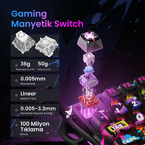 GravaStar Mercury V75 Pro Hall Effect, 8KHz Kablolu Manyetik Klavye - XPro 32K DPI RGB Kablosuz Mouse Oyuncu Seti Siyah