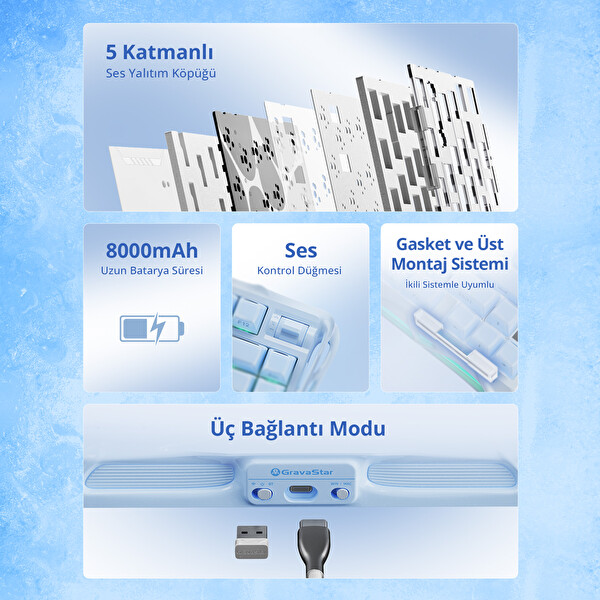 GravaStar Mercury K1 RGB Alüminyum Çerçeveli İngilizce Q Special Edition Ice Blue Kablosuz Mekanik Gaming Klavye