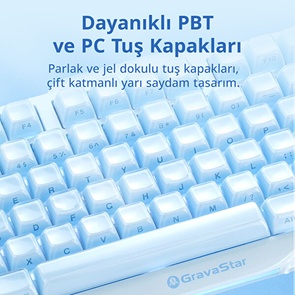 GravaStar Mercury K1 RGB Alüminyum Çerçeveli İngilizce Q Special Edition Ice Blue Kablosuz Mekanik Gaming Klavye