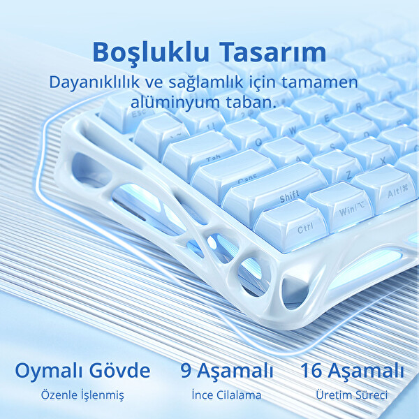 GravaStar Mercury K1 RGB Alüminyum Çerçeveli İngilizce Q Special Edition Ice Blue Kablosuz Mekanik Gaming Klavye