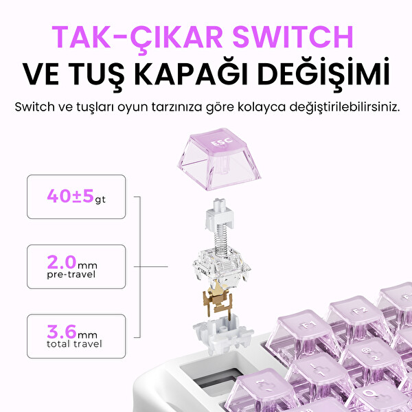 GravaStar Mercury K1 Lite RGB Kablosuz Mekanik Gaming Klavye, İngilizce Q, Crystal Aurora