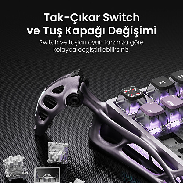 GravaStar Mercury V75 Pro HE Hot-Swappable Rapid Trigger 8000Hz 0.125ms Kablolu Hall Effect Manyetik Switch Gaming Klavye Purple