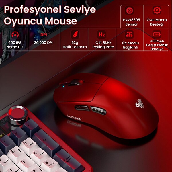 Aula SC900 Max PAW3395 Sensör 30000 DPI 8000Hz Kablolu ve Kablosuz Gaming Oyuncu Mouse Kırmızı