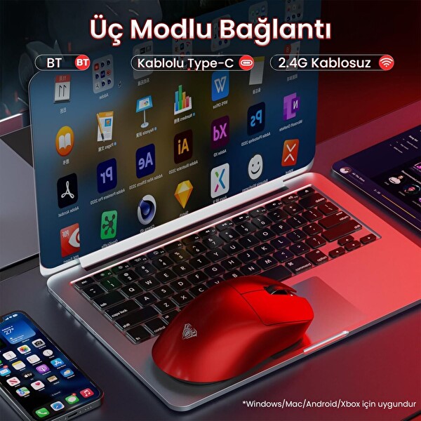 Aula SC900 Max PAW3395 Sensör 30000 DPI 8000Hz Kablolu ve Kablosuz Gaming Oyuncu Mouse Kırmızı