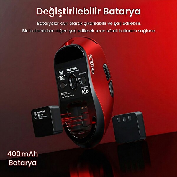 Aula SC900 Max PAW3395 Sensör 30000 DPI 8000Hz Kablolu ve Kablosuz Gaming Oyuncu Mouse Kırmızı