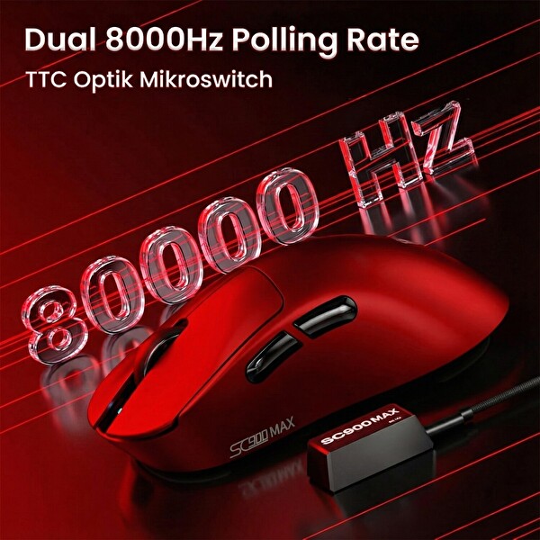 Aula SC900 Max PAW3395 Sensör 30000 DPI 8000Hz Kablolu ve Kablosuz Gaming Oyuncu Mouse Kırmızı