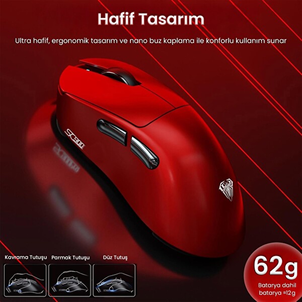 Aula SC900 Max PAW3395 Sensör 30000 DPI 8000Hz Kablolu ve Kablosuz Gaming Oyuncu Mouse Kırmızı