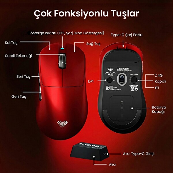 Aula SC900 Max PAW3395 Sensör 30000 DPI 8000Hz Kablolu ve Kablosuz Gaming Oyuncu Mouse Kırmızı