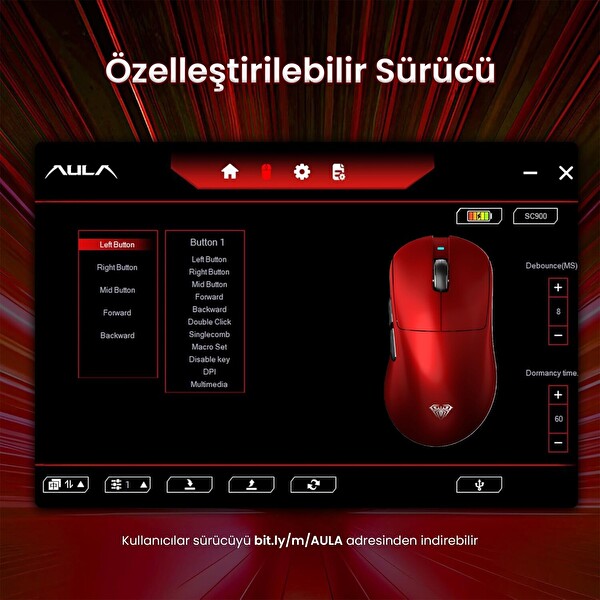 Aula SC900 Max PAW3395 Sensör 30000 DPI 8000Hz Kablolu ve Kablosuz Gaming Oyuncu Mouse Kırmızı
