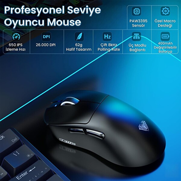 Aula SC900 Pro PAW3395 Sensör 26000 DPI 8000Hz Kablolu ve Kablosuz Gaming Oyuncu Mouse Siyah