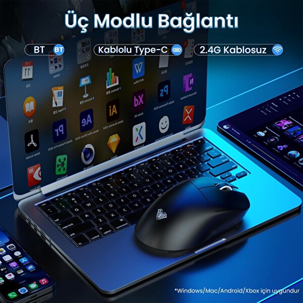 Aula SC900 Pro PAW3395 Sensör 26000 DPI 8000Hz Kablolu ve Kablosuz Gaming Oyuncu Mouse Siyah