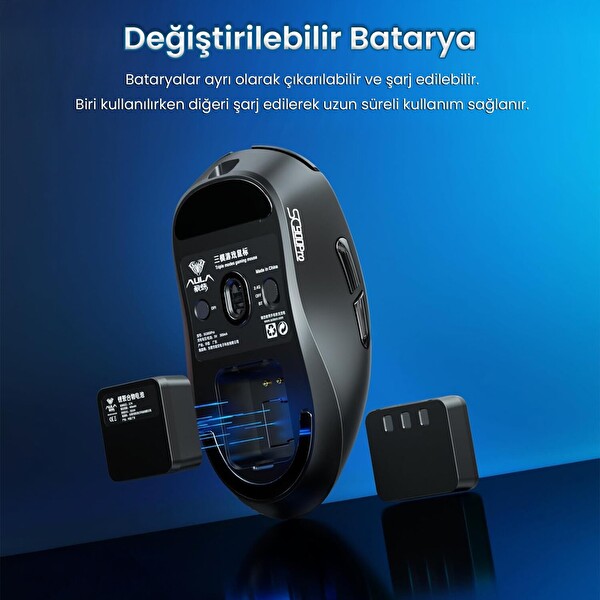 Aula SC900 Pro PAW3395 Sensör 26000 DPI 8000Hz Kablolu ve Kablosuz Gaming Oyuncu Mouse Siyah