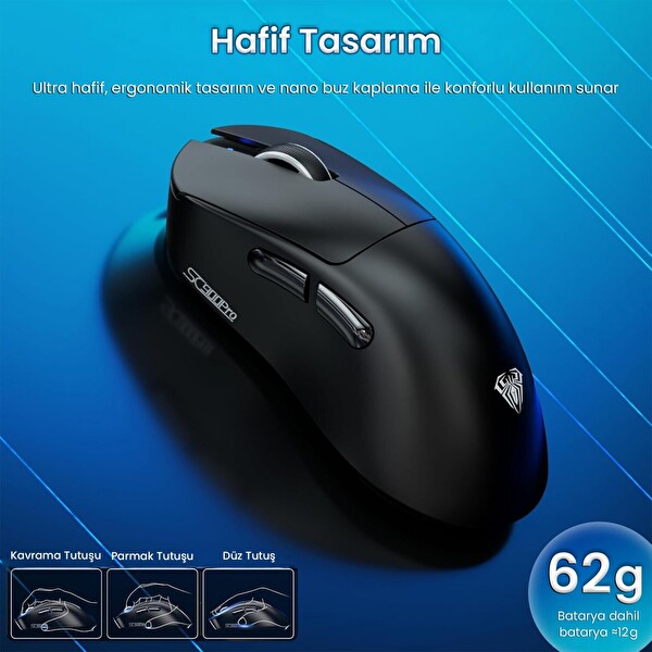Aula SC900 Pro PAW3395 Sensör 26000 DPI 8000Hz Kablolu ve Kablosuz Gaming Oyuncu Mouse Siyah