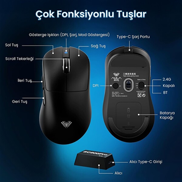 Aula SC900 Pro PAW3395 Sensör 26000 DPI 8000Hz Kablolu ve Kablosuz Gaming Oyuncu Mouse Siyah