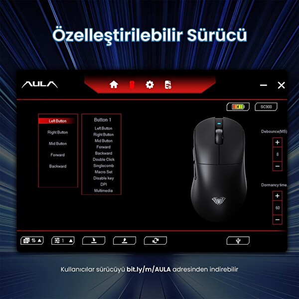 Aula SC900 Pro PAW3395 Sensör 26000 DPI 8000Hz Kablolu ve Kablosuz Gaming Oyuncu Mouse Siyah