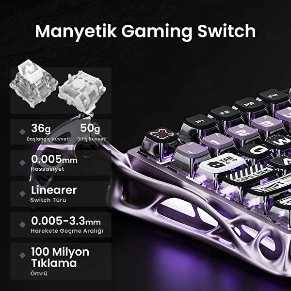 GravaStar Mercury V75 Pro Rapid 8 Khz Kablolu Manyetik Oyuncu Klavyesi - XPro 32K DPI RGB Kablosuz Mouse Oyuncu Seti Mor