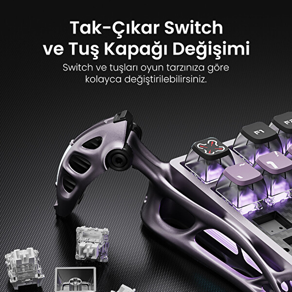 GravaStar Mercury V75 Pro Rapid 8 Khz Kablolu Manyetik Oyuncu Klavyesi - XPro 32K DPI RGB Kablosuz Mouse Oyuncu Seti Mor