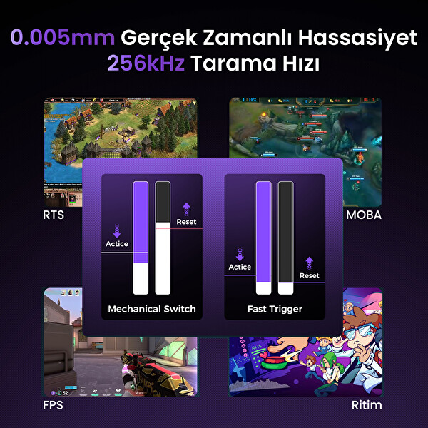 GravaStar Mercury V75 Pro Rapid 8 Khz Kablolu Manyetik Oyuncu Klavyesi - XPro 32K DPI RGB Kablosuz Mouse Oyuncu Seti Mor
