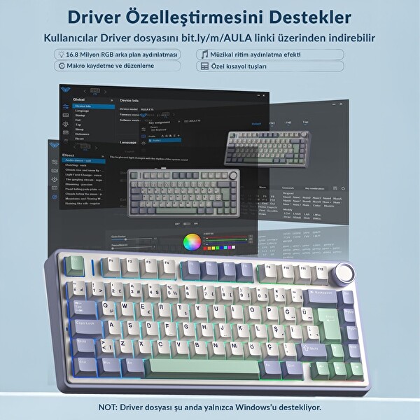 Aula F75 Mekanik RGB TKL Hot Swap GrayWood V4 Switch Kablosuz Makrolu Türkçe Q Klavye Pastel