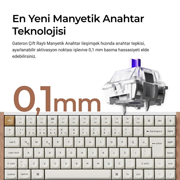 Keychron K2 He Türkçe Gateron Çift Raylı Bulutsu Anahtar Kablosuz Manyetik Oyuncu Klavyesi K2H-Q1-TR Beyaz