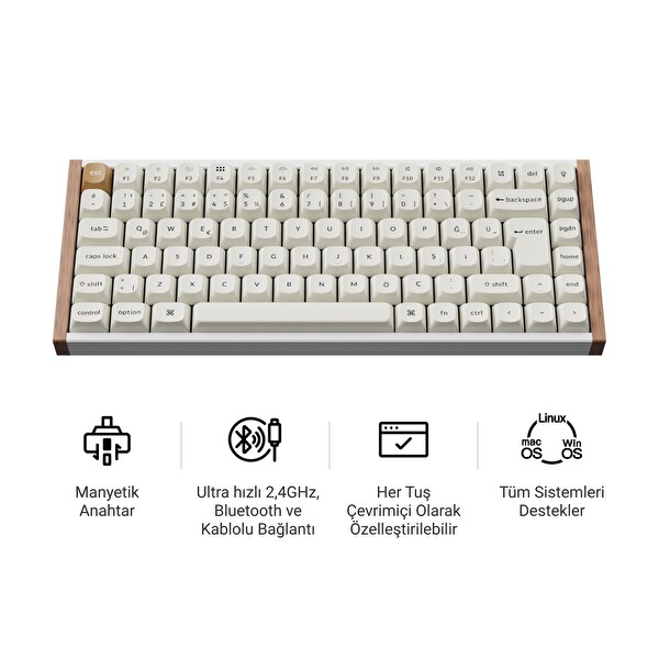 Keychron K2 He Türkçe Gateron Çift Raylı Bulutsu Anahtar Kablosuz Manyetik Oyuncu Klavyesi K2H-Q1-TR Beyaz