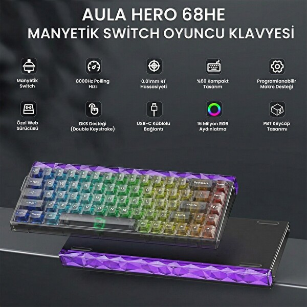 Aula Hero 68 He Manyetik Klavye Rapid Trigger Jade King Switch 8000Hz RGB Neon TKL Hot Swap Oyuncu Klavyesi Şeffaf Siyah