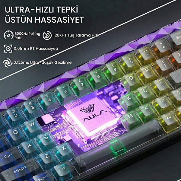 Aula Hero 68 He Manyetik Klavye Rapid Trigger Jade King Switch 8000Hz RGB Neon TKL Hot Swap Oyuncu Klavyesi Şeffaf Siyah