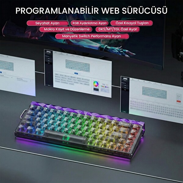 Aula Hero 68 He Manyetik Klavye Rapid Trigger Jade King Switch 8000Hz RGB Neon TKL Hot Swap Oyuncu Klavyesi Şeffaf Siyah