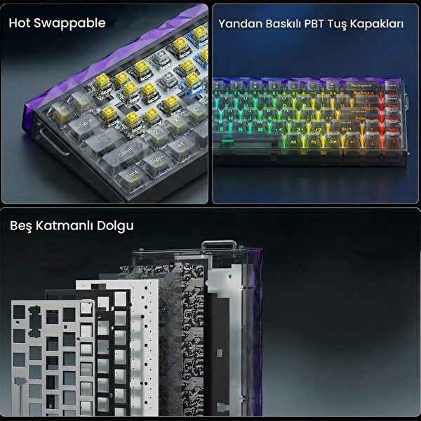 Aula Hero 68 He Manyetik Klavye Rapid Trigger Jade King Switch 8000Hz RGB Neon TKL Hot Swap Oyuncu Klavyesi Şeffaf Siyah