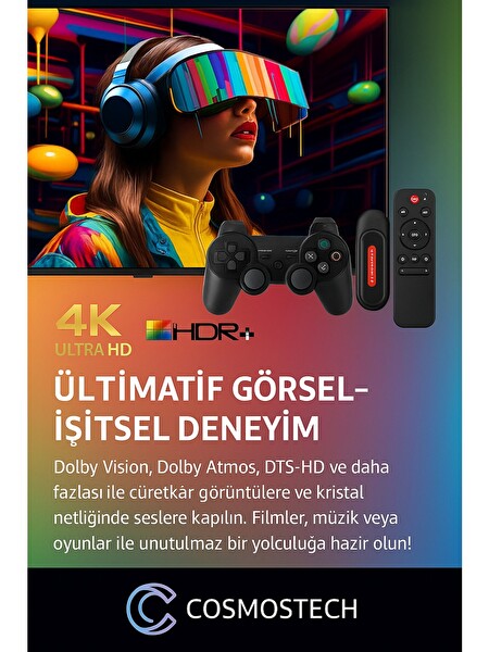 Cosmostech Q9 8k Android Tv Box - Retro Game Ve Android Tv Stick 64 GB 20.000 Oyun Wifi 2.4Ghz Dual Sistem Kablosuz Gamepad