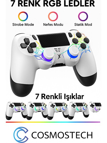 Cosmostech Ps4 Ve PC Uyumlu Dokunmatik RGB Işıklı Panel Çift Titreşim 3.5MM Ses Çıkışı Bluetooth Joystick