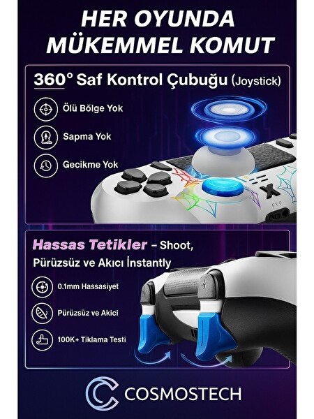 Cosmostech Ps4 Ve PC Uyumlu Dokunmatik RGB Işıklı Panel Çift Titreşim 3.5MM Ses Çıkışı Bluetooth Joystick
