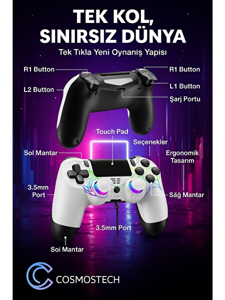 Cosmostech Ps4 Ve PC Uyumlu Dokunmatik RGB Işıklı Panel Çift Titreşim 3.5MM Ses Çıkışı Bluetooth Joystick