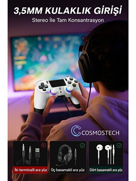 Cosmostech Ps4 Ve PC Uyumlu Dokunmatik RGB Işıklı Panel Çift Titreşim 3.5MM Ses Çıkışı Bluetooth Joystick