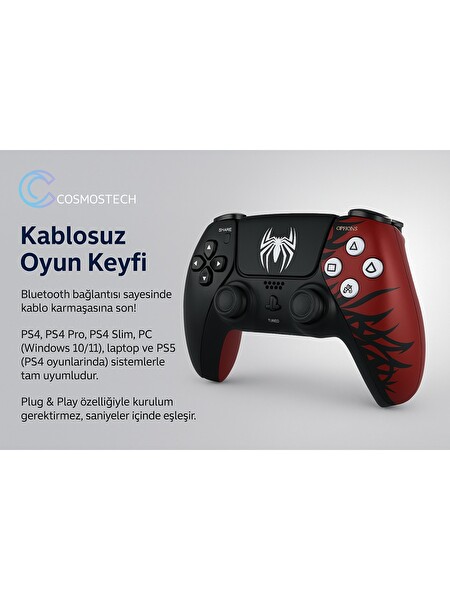Cosmostech Play X CXP-01 Çift Titreşimli PS4 - PC - PS5 Uyumlu Kablosuz Oyun Kolu Gamepad - Spider Desenli