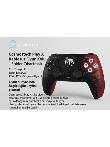 Cosmostech Play X CXP-01 Çift Titreşimli PS4 - PC - PS5 Uyumlu Kablosuz Oyun Kolu Gamepad - Spider Desenli
