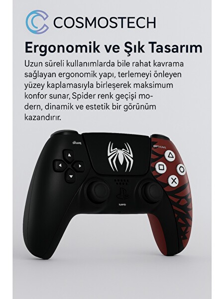 Cosmostech Play X CXP-01 Çift Titreşimli PS4 - PC - PS5 Uyumlu Kablosuz Oyun Kolu Gamepad - Spider Desenli