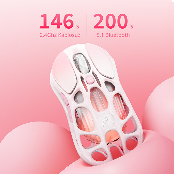 GravaStar Mercury M1 Pro RGB 26.000 DPI Magnezyum Alaşımlı Programlanabilir 5 Tuşlu Kablosuz Optik Gaming Mouse - Sakura Pink