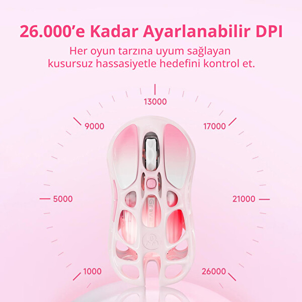 GravaStar Mercury M1 Pro RGB 26.000 DPI Magnezyum Alaşımlı Programlanabilir 5 Tuşlu Kablosuz Optik Gaming Mouse - Sakura Pink