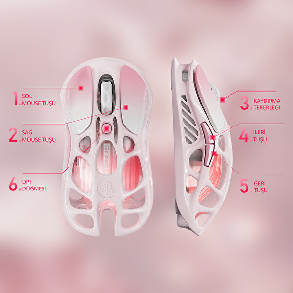 GravaStar Mercury M1 Pro RGB 26.000 DPI Magnezyum Alaşımlı Programlanabilir 5 Tuşlu Kablosuz Optik Gaming Mouse - Sakura Pink