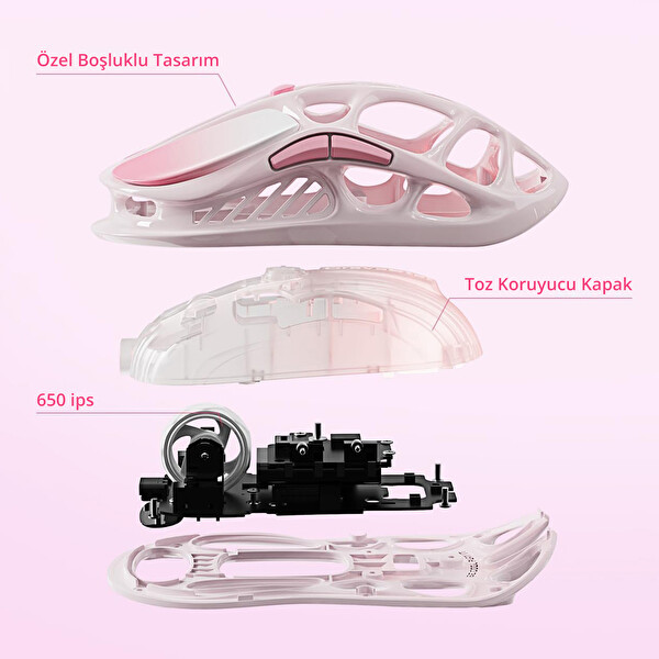 GravaStar Mercury M1 Pro RGB 26.000 DPI Magnezyum Alaşımlı Programlanabilir 5 Tuşlu Kablosuz Optik Gaming Mouse - Sakura Pink