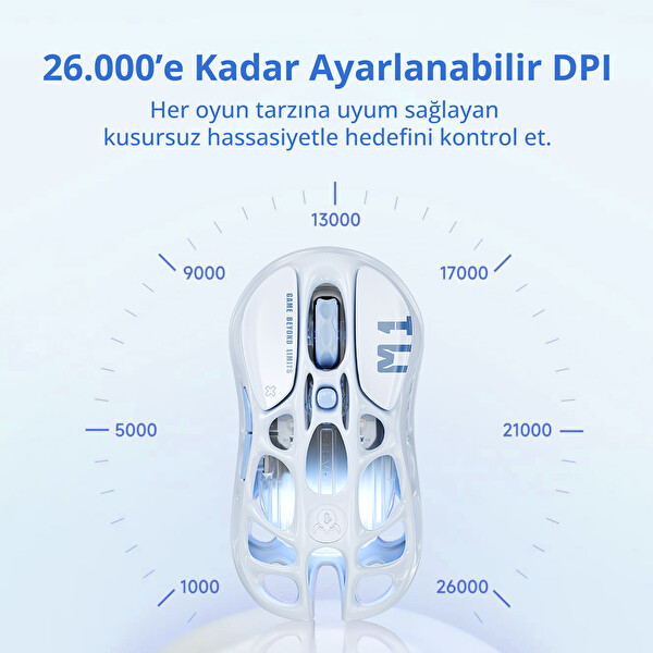 Gravastar Mercury M1 Pro RGB 26.000 DPI Optik Gaming Mouse Kablosuz Programlanabilir 5 Tuşlu Ice Blue