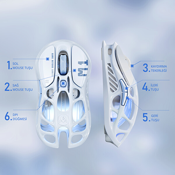Gravastar Mercury M1 Pro RGB 26.000 DPI Optik Gaming Mouse Kablosuz Programlanabilir 5 Tuşlu Ice Blue