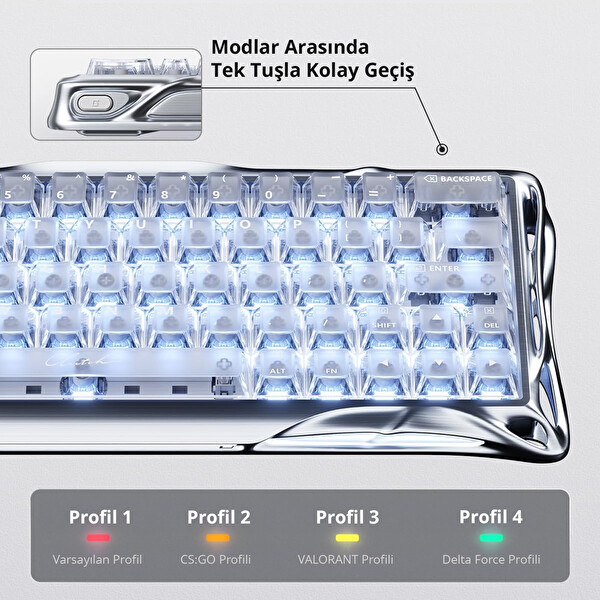 Gravastar Mercury V60 Pro HE Manyetik Switch Gaming Klavye 8kHz 0.125ms Kablolu İngilizce Q Chrome Silver