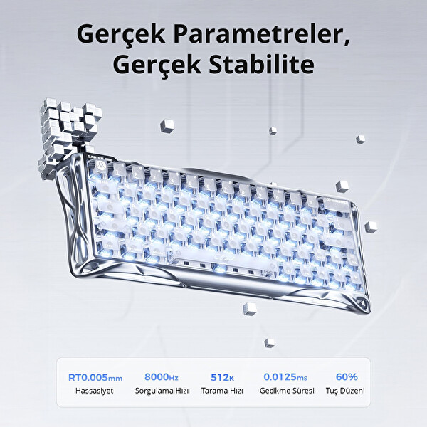 GravaStar Mercury V60 Pro HE 8kHz Kablolu Manyetik Klavye XPro 32K DPI Kablosuz Mouse Oyuncu Seti Chrome Silver