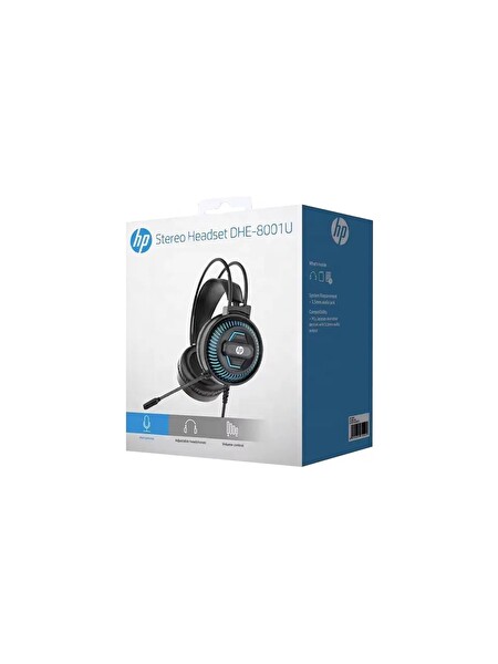 HP DHE-8001U Mavi LED Aydınlatmalı Mikrofonlu Ses Kontrollü USB Oyuncu Kulaklığı Siyah