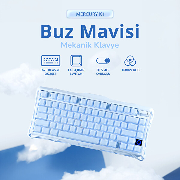 GravaStar Mercury K1 Mekanik Gaming Klavye Ve M1 Pro Kablosuz Optik Mouse Seti - Buz Mavisi